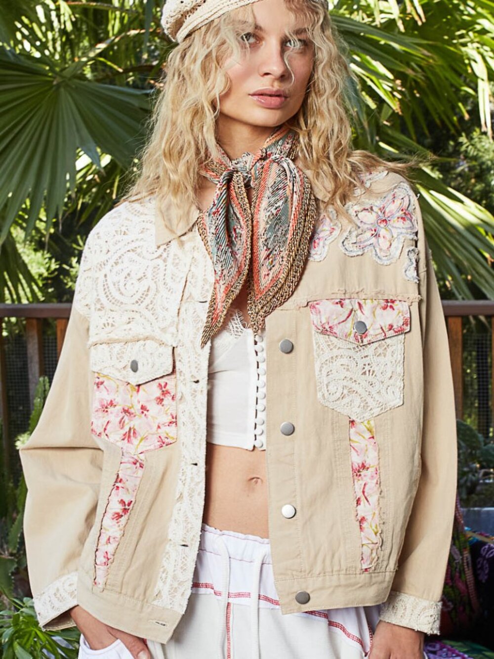 POL denim/ twill with lace and print patch, flower patch point
